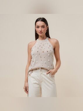 Seashell Embellished Open Knit Halter Top - Able